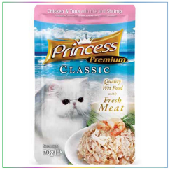 Princess Classic Pouch Tavuklu Ton Balıklı Karidesli ve Pirinçli Yetişkin Kedi Konservesi 70 Gr