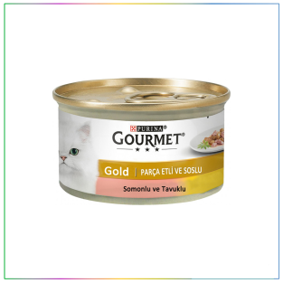 Gourmet Gold Parça Etli ve Soslu Somonlu Tavuklu Kedi Konservesi 85 Gram